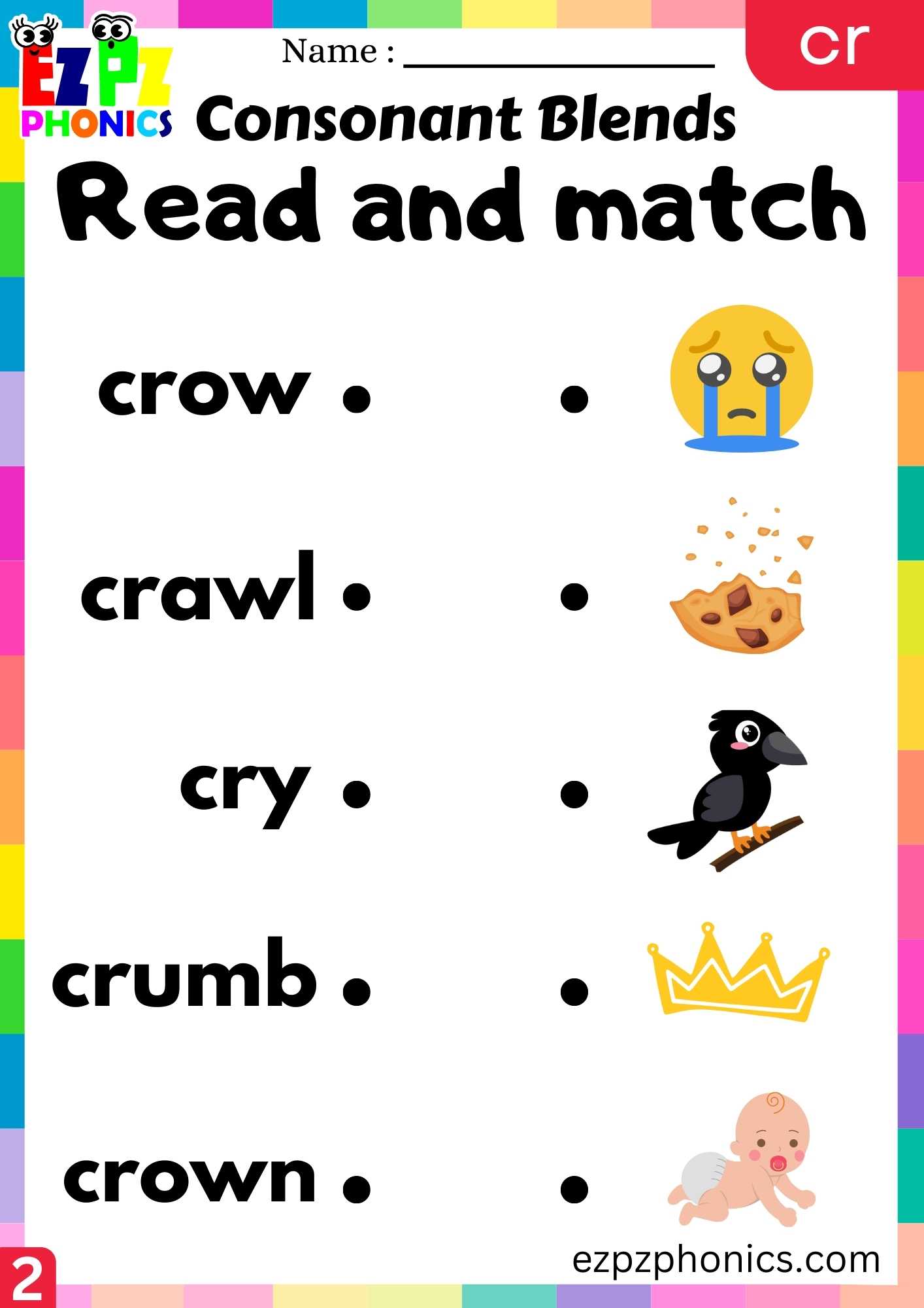 Group2 CR Words Read And Match Phonics Consonant Blends Worksheet